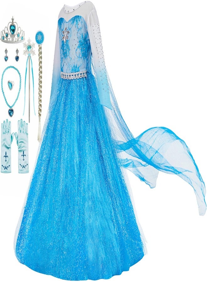 Funna Elsa Costume for Girls Princess Dress Up Halloween Cosplay Party with Accessories Blue, 5T - Image 1
